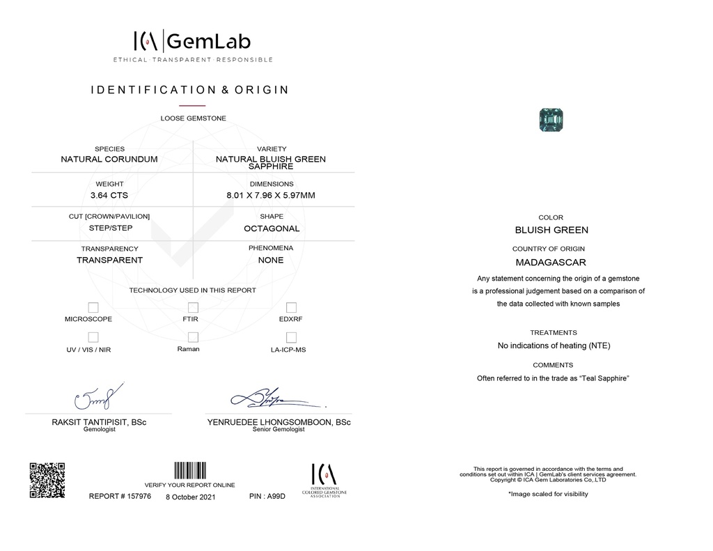 Madagascan Sapphire 8.01x7.96mm Emerald Cut Blue Green UNHEATED